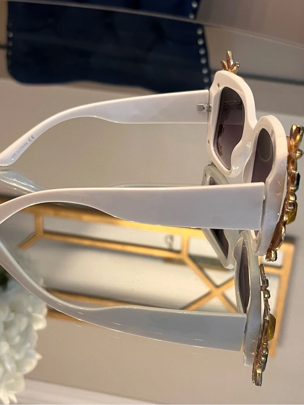 Aldo White Square Sunglasses with Green and Yellow Crystal Accents